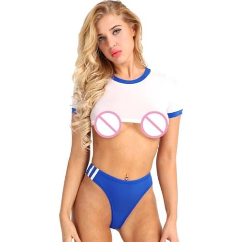 Women School Girls Bodysuit Lingerie Set Short Sleeves Crop Top With Open Crotch Briefs Underwear Set See-Through Exotic Costume
