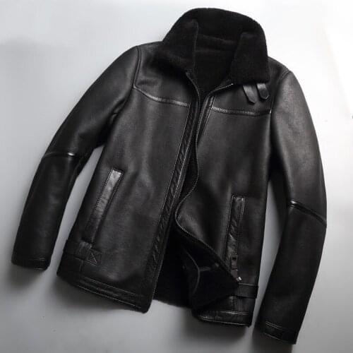 Winter Mens Real Fur Lining Natural Shearling Jacket Bikers Windproof Coat L-5XL Genuine Leather Jacket Slim Fit Short Overcoat