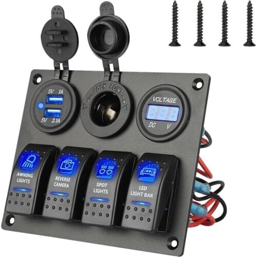 12-24V 4 Gang Toggle Blue LED Rocker Switch Panel Circuit Breaker Waterproof for Car Marine Boat