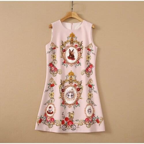 2021 Summer Vintage Dress Women Fashion Design Beading Crystral Flower Printed Pink Sleeveless Sexy Dresses