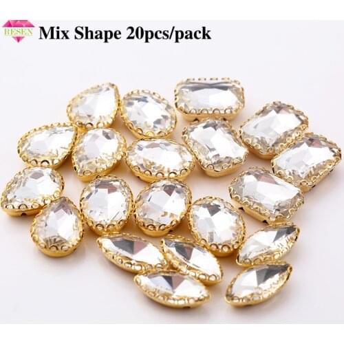 RESEN Promotion Price 20pcs/lot Mix Shape Crystal Rhinestone Gold Claw Flatback Sew On Claw Rhinestones DIY Dress Accessories