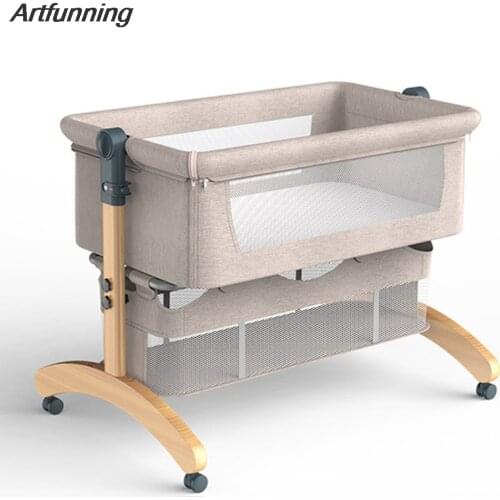 Artfunning wood crib movable foldable portable newborn cradle bed baby comfort rocking bed stitching big bed free Shipping
