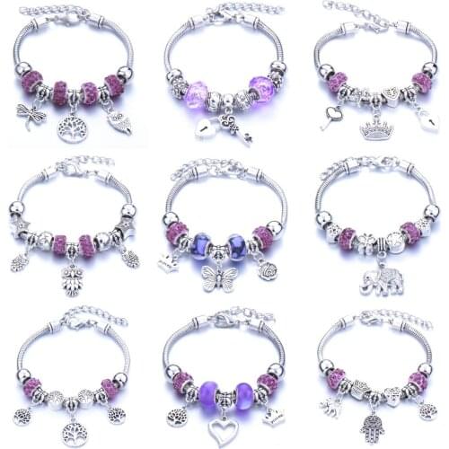 The latest purple series resin bead bracelet in 2021 zinc alloy large hole bead bracelet adjustable love bracelet Pandora-style