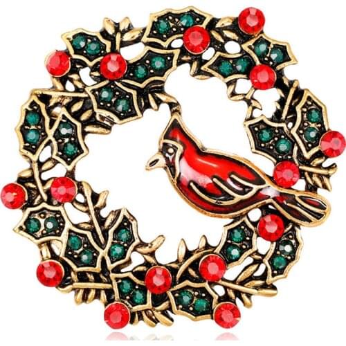 Colorful Enamel Coated Lovely Bird Wreath Garland Brooch Pins Red Crystal Stone antigold Color Metal Brooches Pin Christmas Gift