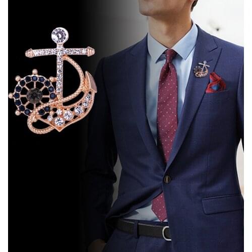 New Fashion Crystal Anchor Rudder Brooch Mens Suit Shirt Lapel Pin and Brooches Jewelry Luxury Badge Women Men Accessories