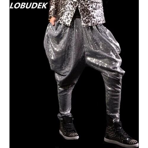 Mens Silver sequined Hallen Trousers Fashion Tide Harem Pants Korean Style Casual Pants Singer Rock Hip Hop Dance Stage Costume