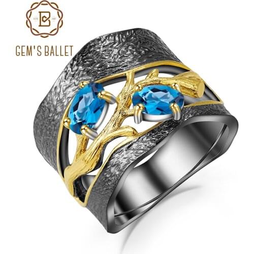 GEMS BALLET 925 Sterling Silver Original Handmade Petal Floral Rings Natural London Blue Topaz Gemstones Ring for Women Wedding