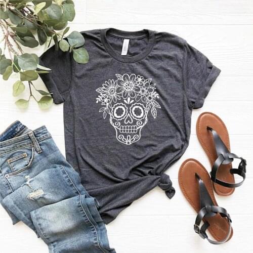 Sugar Skull Flower Halloween shirt For Women Print Women 3D Print Tshirt Cotton Casual Funny 90s Girl Top Tees cotton Drop Ship