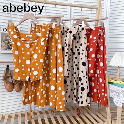 Fashion sleeveless single breasted bandage Vest Top + high waist polka dot pleated Skirt two-piece set 2021 New Summer