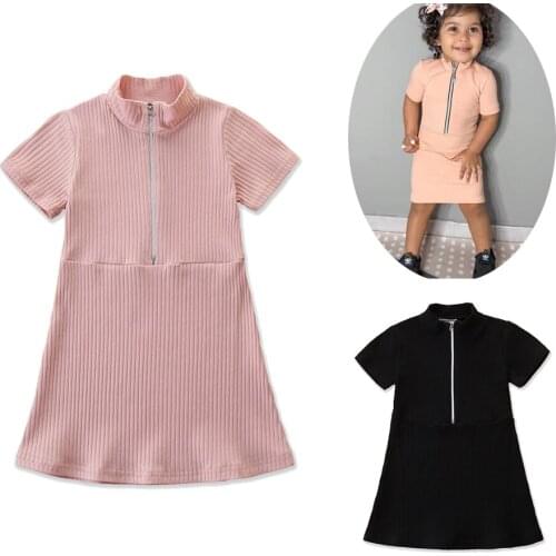 Summer Ribbed Baby Girl Stretch Dress Fashion Solid Short Sleeve Turtleneck Cotton Party Casual Zipper Vestido Clothes