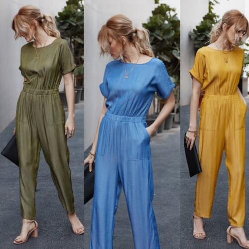 Summer Women Jumpsuit Beach Jumpsuit Sexy Short-sleeved Jumpsuit Loose-Fitting Solid Color Nine-minute Pantsuit Women Jumpsuit