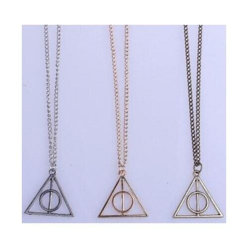 2016 Hot Sale Movie Deathly Hallows Antique Bronze Triangle Pendant long Chain Necklace Gift For Men and Women