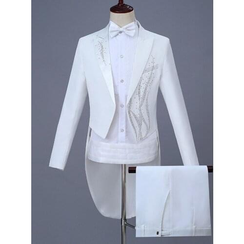 Mens White 2 Piece Suits Wedding Groom Tuxedo Suit Men Party Musical Performance Suits with Pants Stage Host Singer Clothes 4XL