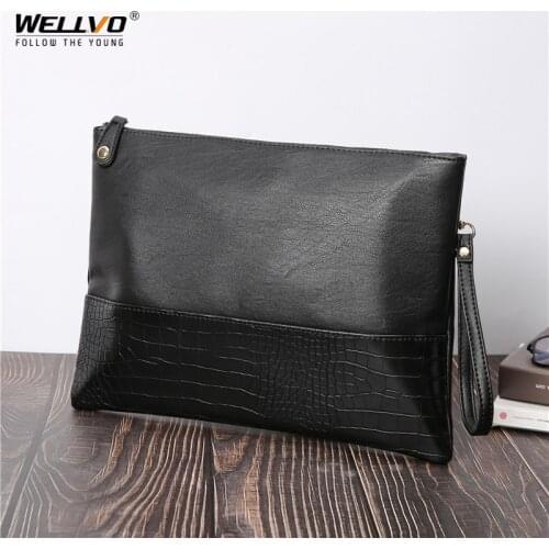 Men Leather Day Clutch Envelope Hand Bag Alligator Patchwork Business Male Bags Vintage Soft Large Office Wallet For Phone XA70C