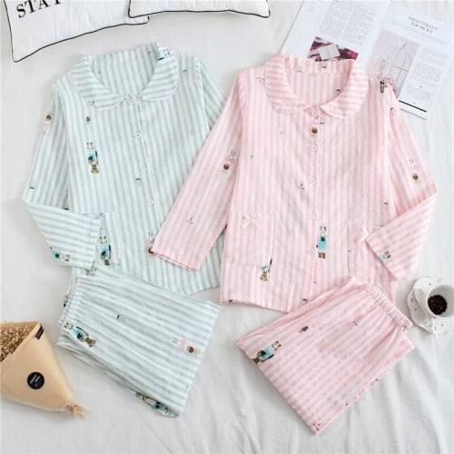2020 summer new Japanese cotton double gauze pajamas womens cotton loose stripes long sleeve housewear suit women pajamas
