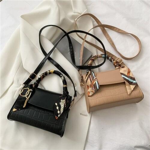 New Women Alligator Pattern PU Leather Solid Color Silk Scarf Shoulder Crossbody Bag Casual Lady Small Top-handle Handbags Purse