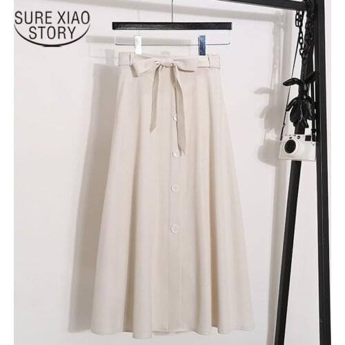 2021 Solid Color Buckle Skirt Female High-waist A-line Skirts with Bowknot Summer Mid-length Skirts Female Skirt Vestidos 14960