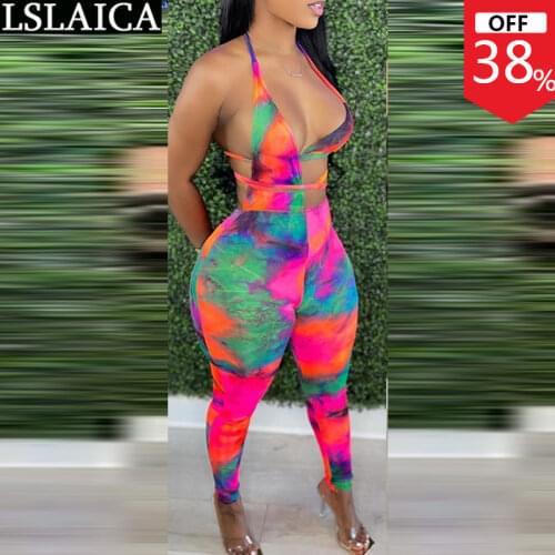 Wholesale Items Summer Woman Jumpsuit Backless Lace-up Sexy High Waist Jumpsuit Women Printed Hollow Out Night Clubwear Rompers