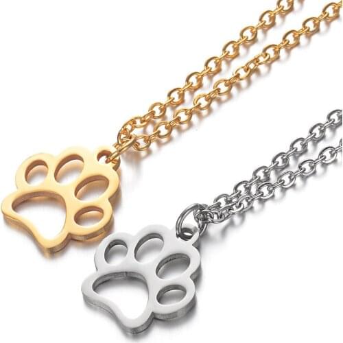 316L Stainless Steel Animal Paw Charm Necklace Gold Steel Tone Hollow Out Lovely Cat Dog Print Paw Pendant Long Chain Necklace
