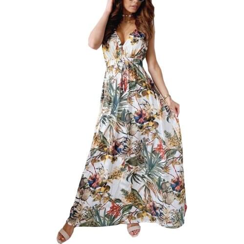 Women Summer Sleeveless Holiday Dress Sexy Backless Leaf Print V-neck Chiffon Loose Sundress Elegant Beach Vestdiso Maxi Dresses