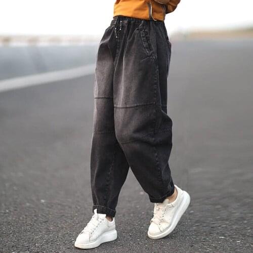 Casual Cotton Denim Harem Pants Plus Size Vintage Jeans Autumn New Arts Style Women Elastic Waist Loose Jeans All-Matched