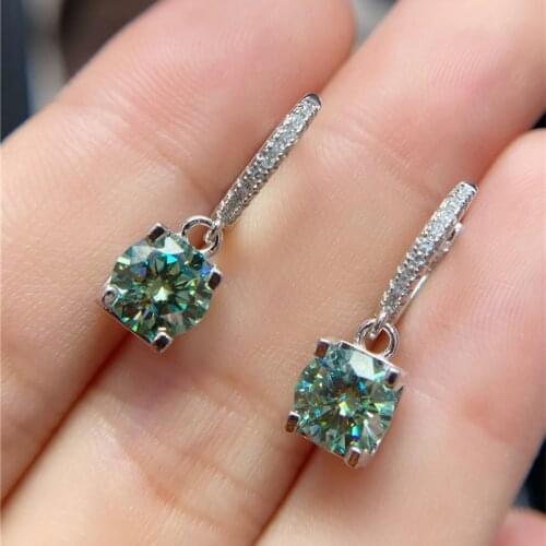 Silver Total 2 ct Cow Head Cut Excellent D Color VVS1 Diamond Test Passed Green Moissanite Drop Earrings Silver 925 Jewelry Gift
