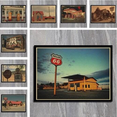 United States Route 66 Gas Station Wall Sticker Bar Cafe Retro Nostalgia Kraft Paper Poster Home Decoration