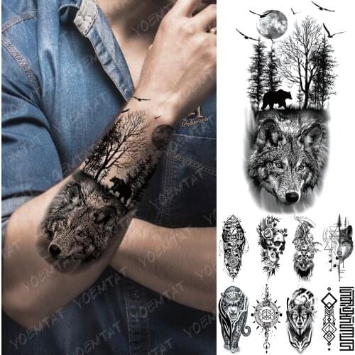 Waterproof Temporary Tattoo Sticker Forest Moon Flying Bird Bear Flash Tattoos Leopard Wolf Tiger Body Art Arm Fake Tatoo Men