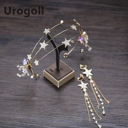 Trendy Gold Headbands Sparking Crystal Star Tiara Hairbands Earrings Set For Bride Wedding Women Jewelry Handmade Hair Accessory