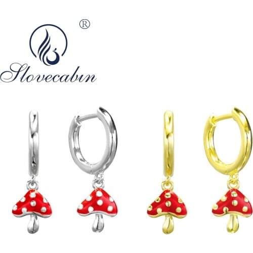 Slovecabin Real 100% 925 Sterling Silver Mushroon Charm Drop Earrings Red Enamel Hoop Earrings Luxury Femme Jewelry Women Gift