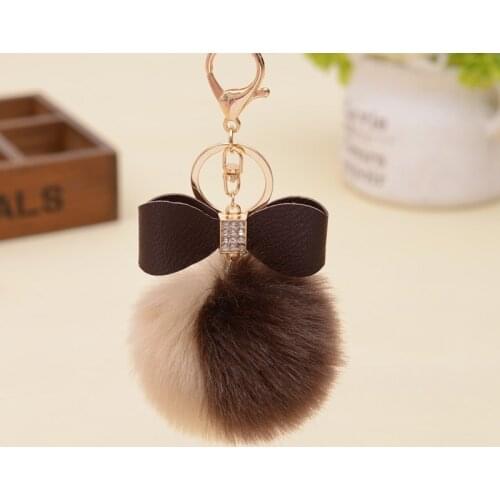 High Quality Fluffy Faux Bunny Fur Pompom Ball Keychain Crystal Leather Bow-knot Women Key Chain Ring Holder Handbag Car Pendant