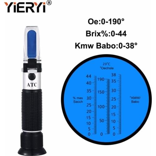 Yieryi Handheld Oechsle Brix Refractomete 0~44% Brix 0~190 Oe Oechsle 0~38 KMW Refractometer Wine Beer Fruit Juice Brew