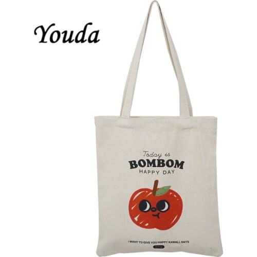 Youda Cartoon Illustration Canvas Bag Womens Shoulder Bags Korea Book Shopping Schoolbag for Girl Cute Reusable Floding Handbag