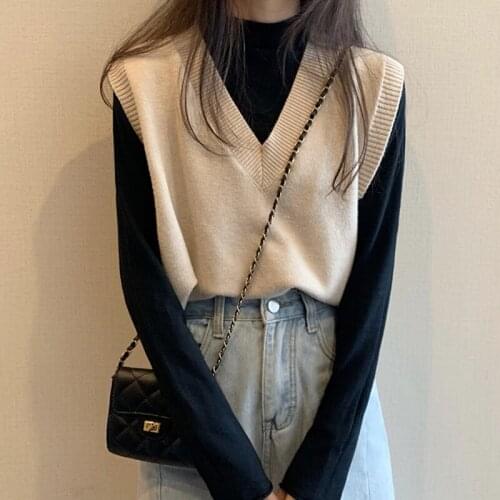 Woman Jersey 2020 Korean Casual Solid V-Neck Sleeveless Sweater Vest Female All Match Knit Gilet Autumn Winter YYQX08