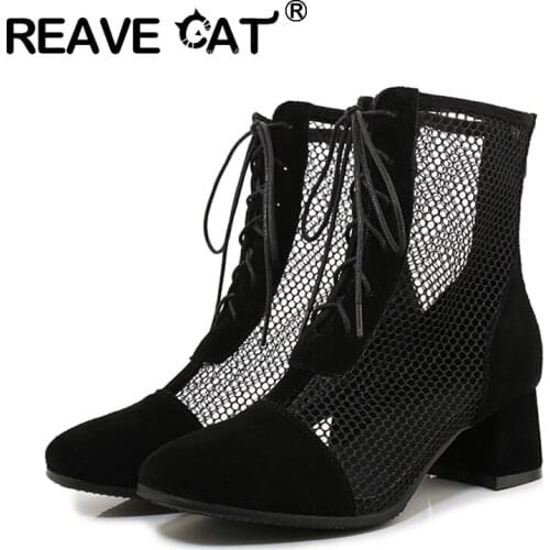 Reave Cat 2020 Women Ankle Boots Round Toe Square Heels 5.5cm Genuine Leather Mesh Lace-Up Sexy Big Size 33-43 Summer A3355