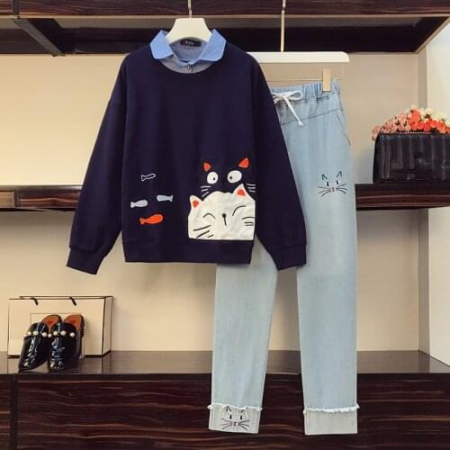 Fashion Large Size Women Pants Set Autumn Cartoon Embroidery Fake two Lapel Cat Appliques Loose Sweashirt +New Denim Pants Suits