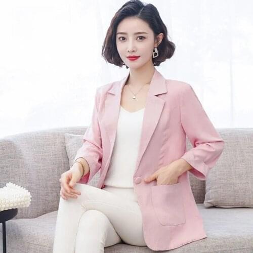Plus Size Korean Thin Blazer Femme Slim Wild Temperament Ice Silk Cotton Linen Jacket A Buckle Spring Summer Blazer Women Tops