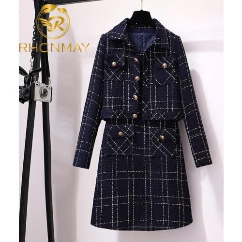 2021 New Autumn Winter Tweed Two Piece Set Women Fashion Plaid Short Jacket + Sleeveless Dress Streetwear 2 Piece Set Women