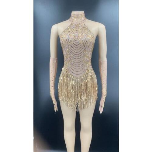 Mesh Sparkly Rhinestone Silver Fringe Transparent Bodysuit Stone Gloves Women Latin Dance Bar Show Outfit Birthday Wear