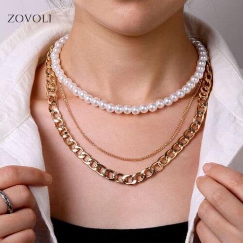 ZOVOLI Multi Layered Pearl Necklace Choker Metal Cuban Link Chain For Women Bridesmaid Gift Minimalist Punk Collar Jewelry