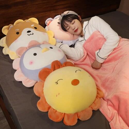 1pc 50cm Cartoon Shiba Inu Dinosaur Pig Rabbit Plush Pillow Lovely Sunflower Animal & Plants Plushie Cushion with Blanket Toy