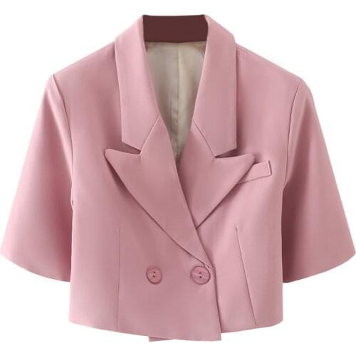 Blazer 2021 new lady Pink worker coat Double Breasted women Notched Collar loose short Suits jacket Office short Sleeve Chic Top