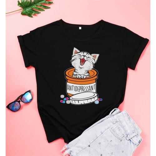 Animal Lover Antidepressant Cat Mama Shirt Women Cotton Kawaii Fashion Shirt O Neck graphic Mom T-shirt Short Sleeve Top Tees