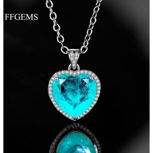 FFGems Silver Created Moissanite Paraiba Tourmaline Gemstone Diamond Heart big Pendant Necklace Fine Jewelry Wholesale for women
