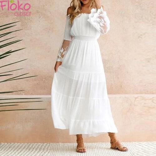 Flokocloset Sexy Off Shoulder Lace Stitching Maxi Dress Summer Boho Beach Dress Long Sleeve Women Long Sundress Vestido