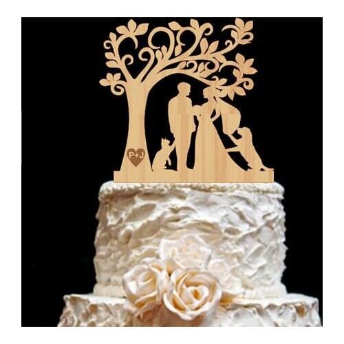 Personalized initials Wedding Cake Toppers Silhouette bride and groom with cat or dog party decorations