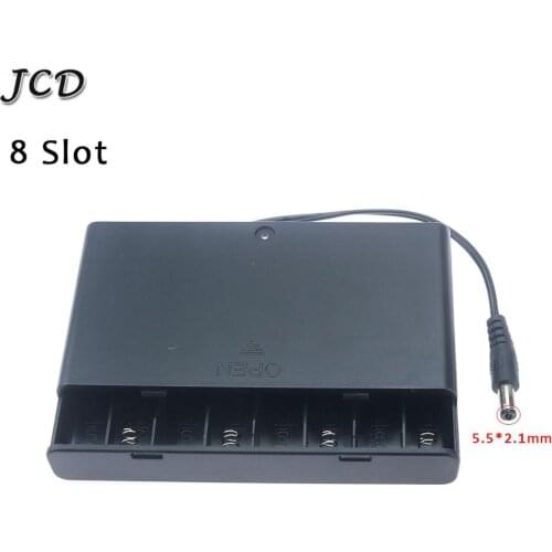 JCD 8x slot 12V AA Plastic Battery Case Storage Box Enclosed Holder With DC 5.5*2.1 Power Jack Male Plug With Cover Wire Lead