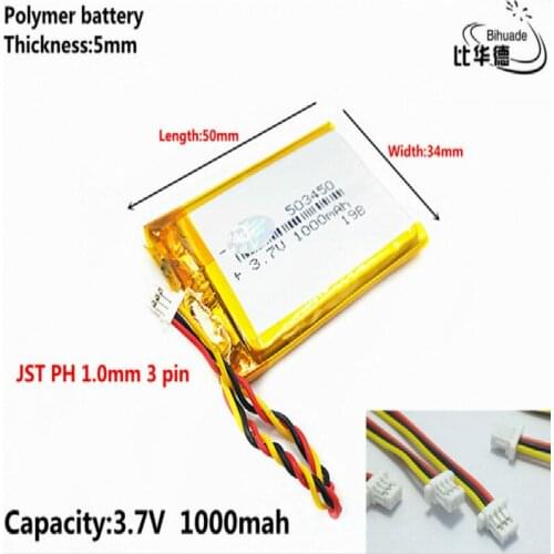 JST PH 1.0mm 3 pin Liter energy battery 3.7V,1000mAH 503450 Polymer lithium ion / Li-ion battery for tablet pc BANK,GPS,mp3,mp4