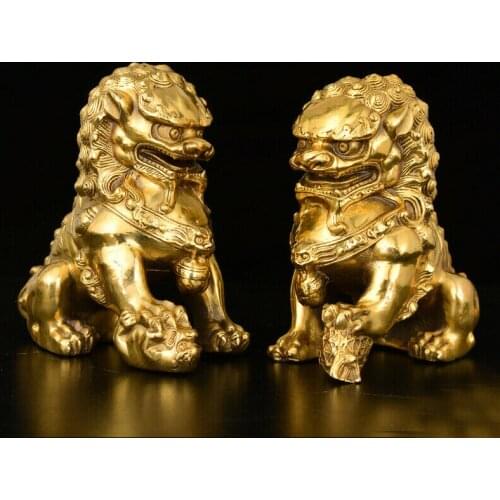 China Old Classic Archaic Bronze Lion Pair Fu Foo Dog Guard Statues Lions 15.5cm