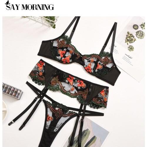 SAY MORNING Womens Retro Lace Embroidery Sexy Underwear Set Underwire Gather Bra Set See-Through Thong Garter Erotic Lingerie